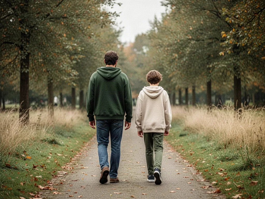 Een ouder en jongere wandelen naast elkaar op een rustig groen pad, van achteren gezien.