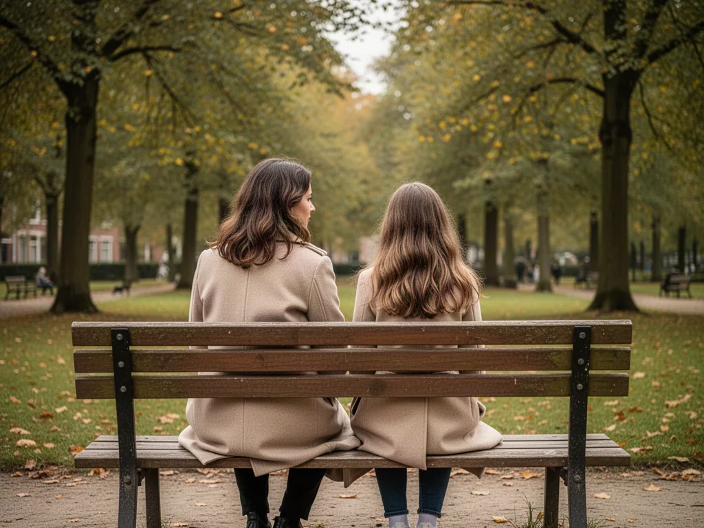 Een ouder en jongere zitten samen op een bank in het park, van achteren gezien.
